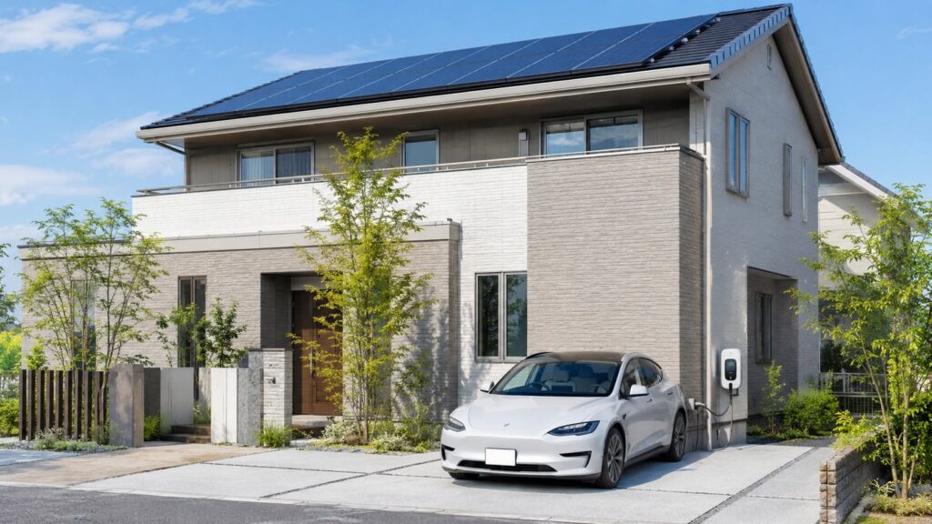 一条工務店の家でEVコンセントと太陽光発電を検討するイメージ