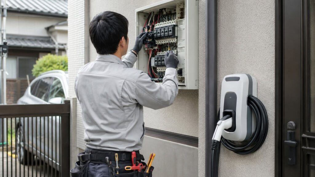 EVコンセント後付け工事で分電盤と配線を確認する様子