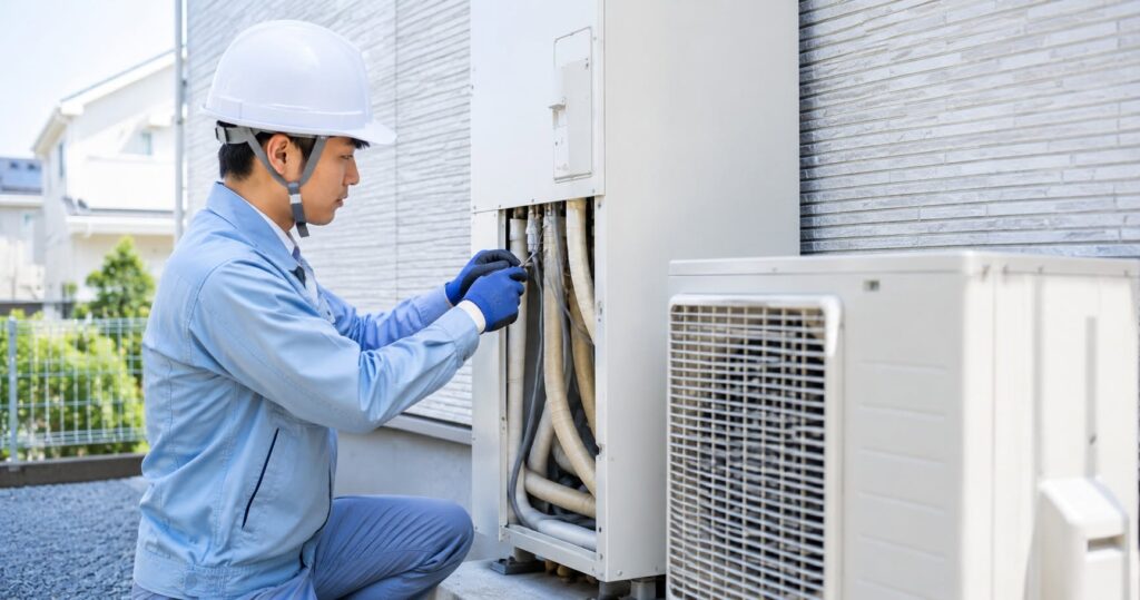 作業着姿の設備工事スタッフが屋外でエコキュートを点検・設置している場面