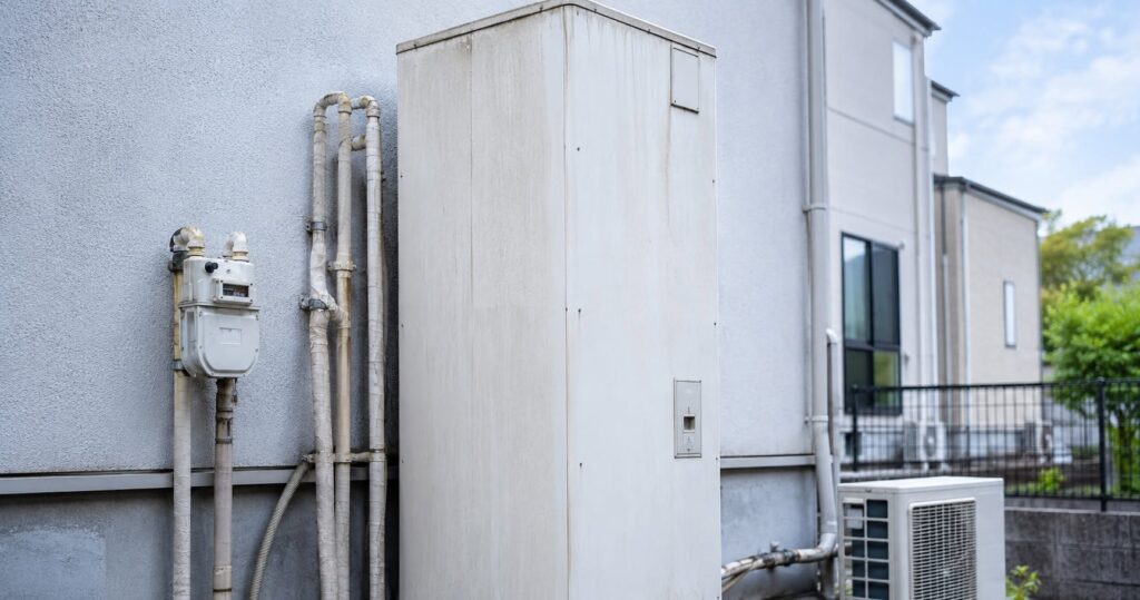屋外に設置された白いエコキュート貯湯タンクのクローズアップ。経年でやや使い込まれた質感で、配管や給湯メーターも見える
