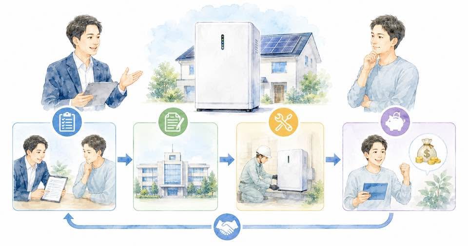 蓄電池の補助金申請の流れを示す矢印とステップのイラスト