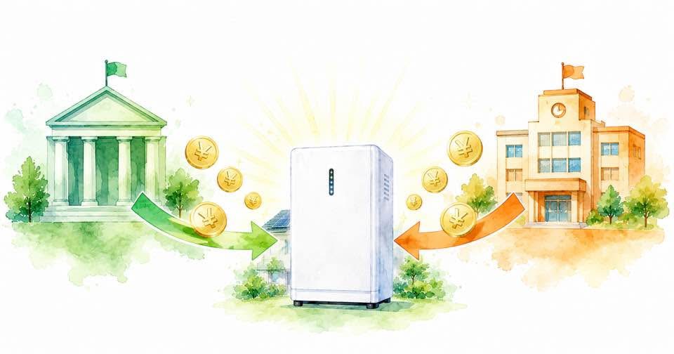  国と自治体の2つの補助金を重ねて使うイメージのイラスト