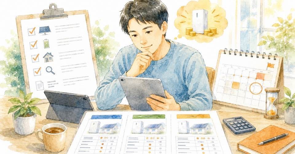 補助金再開に備えて見積もり比較の準備をする人物のイラスト