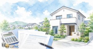 日本の郊外に建つ、白い外壁でモダンな2階建て一戸建て住宅
