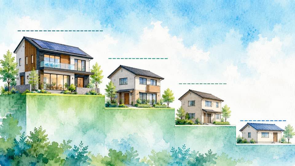 住宅の省エネ性能ランクごとに借入限度額の天井の高さが変わることを示す階段状のイメージ