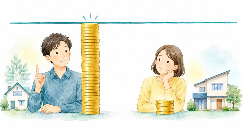 借入額の高さが天井に届く人と届かない人を並べて比較したイメージ